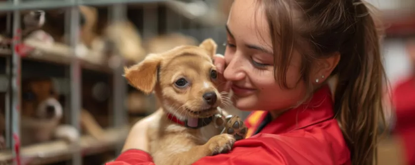 Vrouw die puppy adopteert